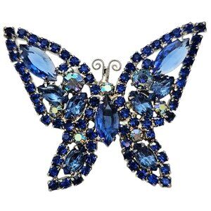 Weiss Blue Rhinestone Butterfly Brooch Vintage Signed Pin
